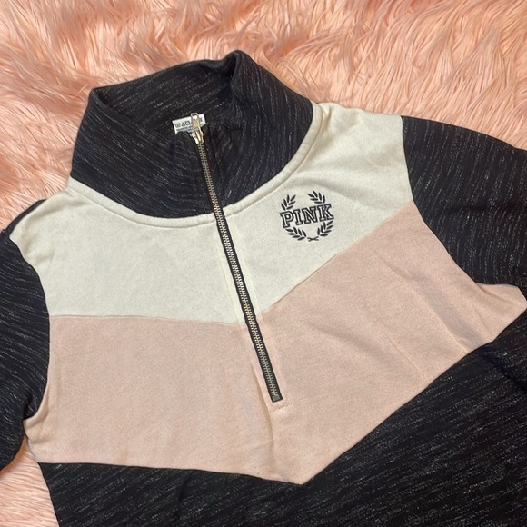 Victorias Secret Pink Colorblock Quarter Zip Pullover Sweatshirt Black Marl/Pink - Picture 2 of 6